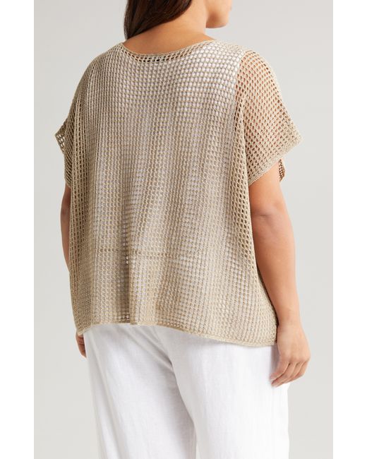 Eileen Fisher White Open Stitch Short Sleeve Organic Linen Sweater