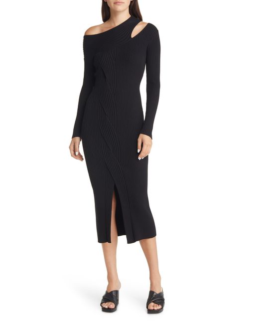 Moon River Rib Cutout Oneshoulder Long Sleeve Midi Sweater Dress in