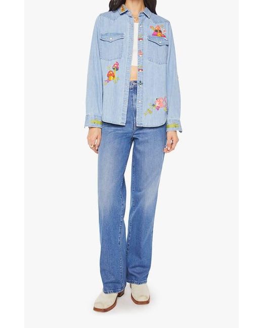 Mother Blue The Honey Embroidered Denim Snap-Up Shirt