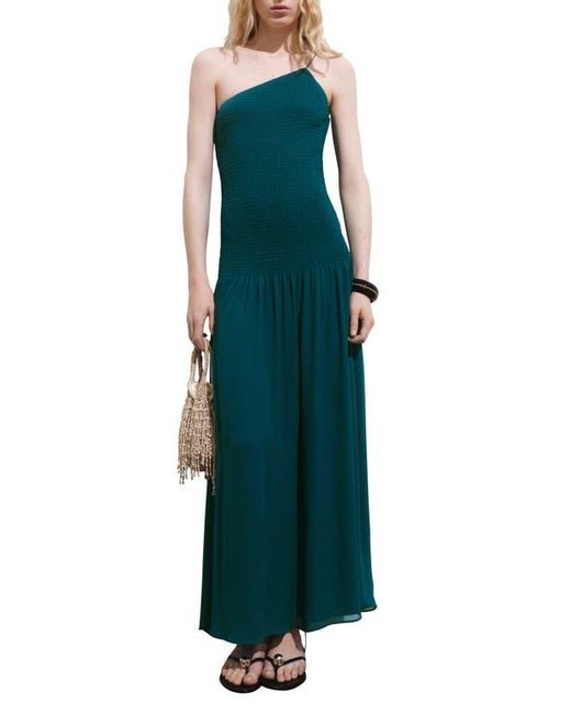 Mango Green Asymmetric Smocked One-Shoulder Midi Dress