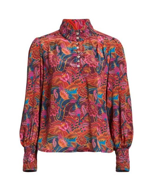 Apny Red Puff Shoulder Button Front Top