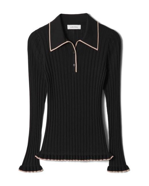 & Other Stories Black Tipped Ribbed Ruffle Trim Polo Sweater