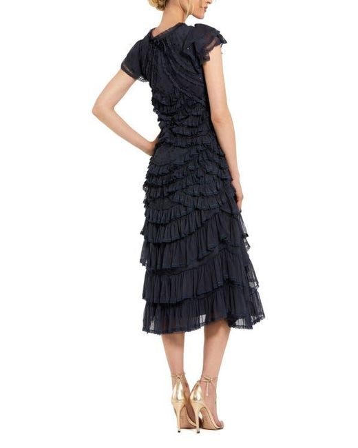 Mac Duggal Blue High Neck Ruffle Mesh Midi Dress