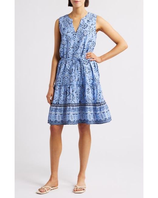 Beach Lunch Lounge Blue Atlas Print Sleeveless Tiered Dress