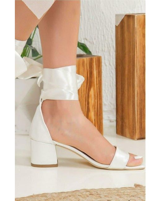 Forever & Always Shoes White Athena Low Heel Sandals With Ribbon