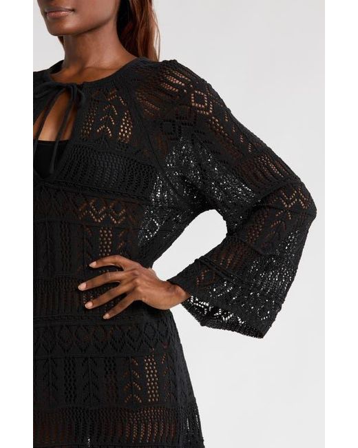 Elan Black Lace Knit Long Sleeve Cover-Up Midi Dress
