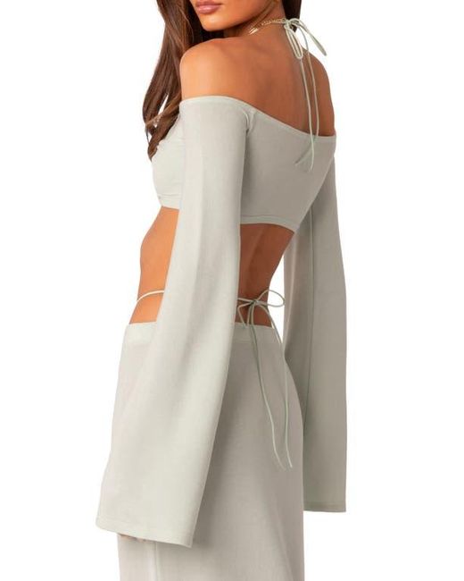 Edikted Green Celeste Off The Shoulder Twist Long Sleeve Crop Top