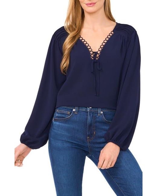 Cece Blue Circle Trim Pintuck Top