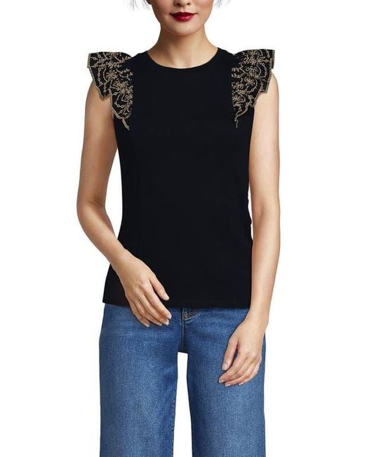 Lands' End Black Embroidered Ruffle Tank Top
