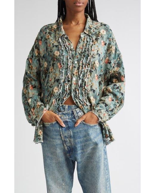 R13 Multicolor Shredded Seam Ruffle Button-Up Shirt