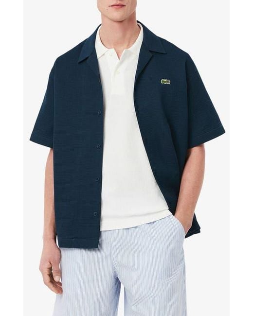 Lacoste Blue Relaxed Fit Waffle Texture Cotton Camp Shirt for men