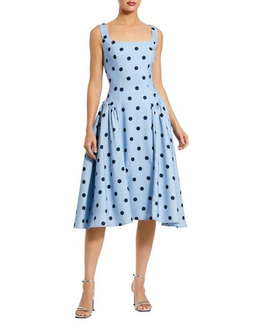 Mac Duggal Blue Polka Dot A-Line Midi Dress With Square Neck And Ruffle Gussets