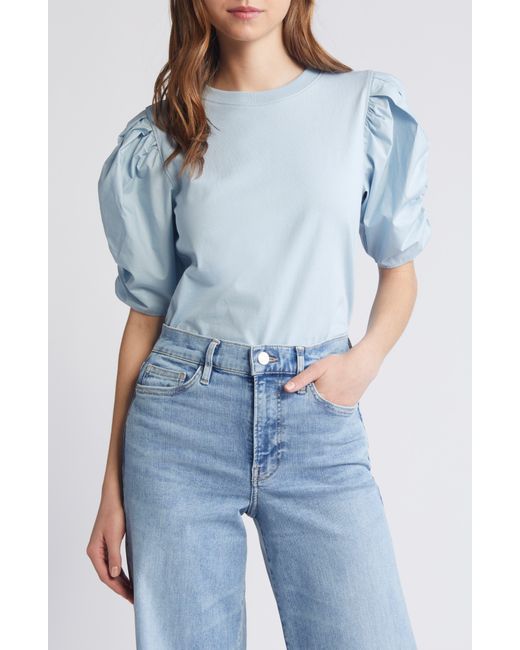FRAME Blue Ruched Sleeve Organic Cotton T-shirt