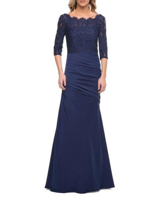 La Femme Blue Gathered Mermaid Satin Gown With Lace Top