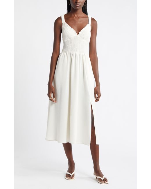 Nordstrom White Smocked Bodice Sleeveless Midi Dress