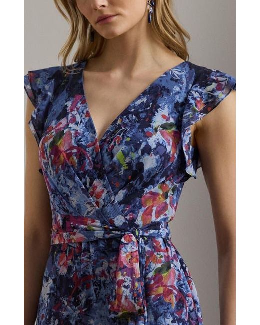 Ralph Lauren Blue Abstract Floral Ruffle Detail Crinkle Georgette Gown