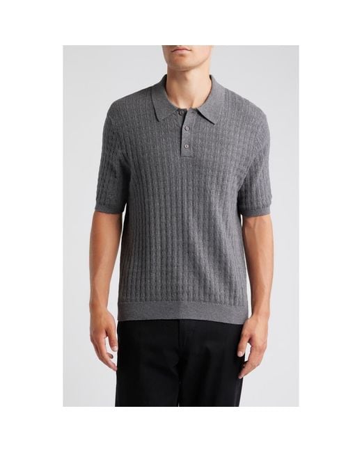 Wax London Gray Naples Diamond Ribbed Cotton & Cashmere Polo Sweater for men