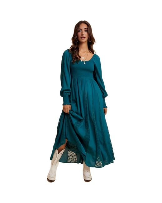 Knit & Lounge Blue Long Sleeve Maxi Dress With Smocked Bodice And Lace Insets