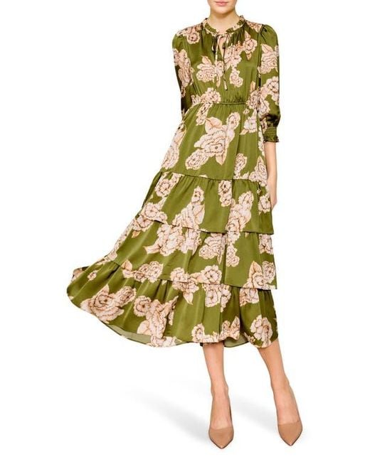 MELLODAY Yellow Floral Tiered Satin Midi Dress