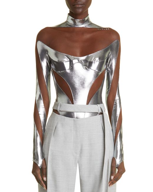Mugler Gray Dua Lipa Metallic Illusion Bodysuit
