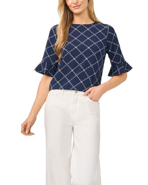 Cece Blue Print Ruffle Cuff Top