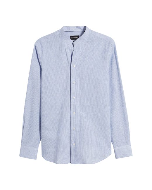 Emporio Armani White Pinstripe Band Collar Linen & Cotton Button-up Shirt for men