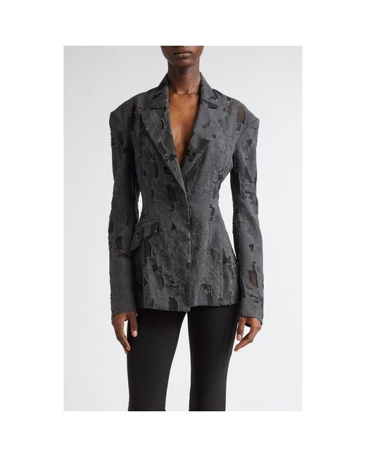 GRACE LING Black Torn Burnout Single Breasted Blazer