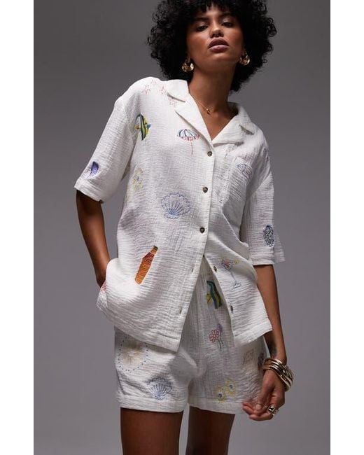 TOPSHOP Gray Resort Embroidered Cotton Camp Shirt