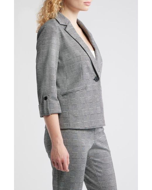 Anne Klein Gray Windowpane Plaid Roll-Tab Sleeve Jacket