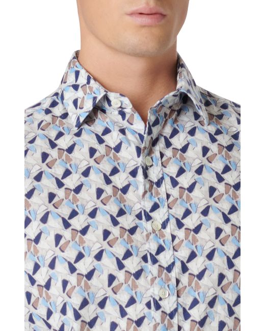 Bugatchi White Orson Geo Print Short Sleeve Cotton & Linen Button-up Shirt for men