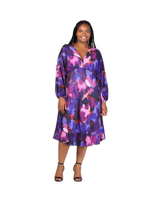 24seven Comfort Apparel Women's Purple Pleated V-Neck Empire Waist Bishop Sleeve Midi Dress