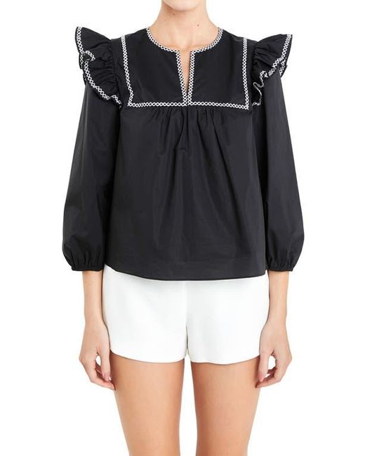 English Factory Black Embroidered Ruffle Balloon Sleeve Cotton Top