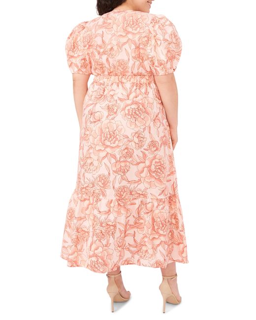 Cece Pink Floral Puff Sleeve Linen Blend Dress