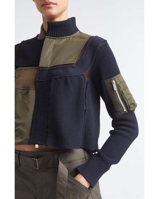 Sacai Black Patchwork Mixed Media Crop Jacket