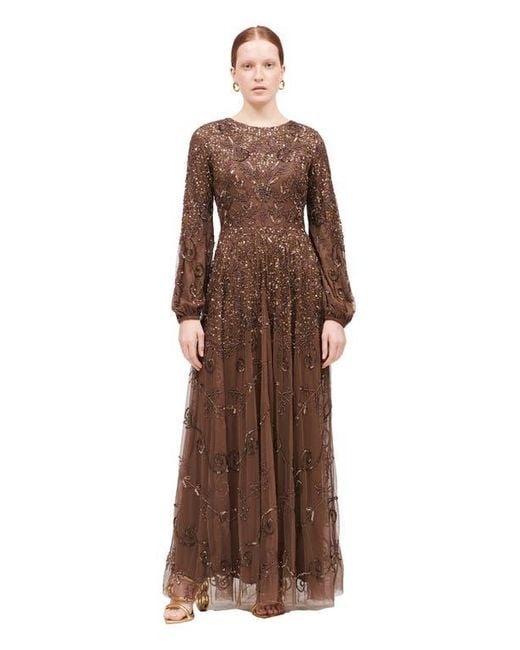 MARYISA Modest Embellished Sequin Beaded A-Line Maxi Dress in Brown | Lyst MARYISA Modest Embellished Sequin Beaded A-Line Maxi Dress in Brown | Lyst