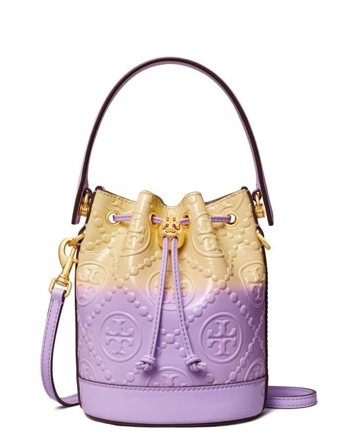 Tory Burch T Monogram Mini Leather Bucket Bag in Purple | Lyst
