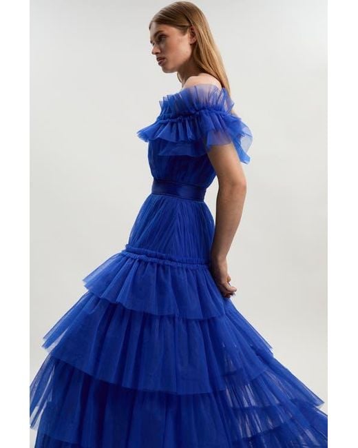 karen millen blue maxi dress Blue KarenMillen Georgette Feather Embellished Halter Neck Woven Maxi Dress
