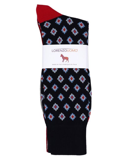 Lorenzo Uomo Red 3-pack Assorted Diamond Cotton Blend Dress Socks for men