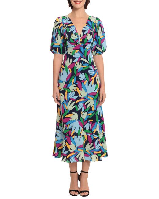 DONNA MORGAN FOR MAGGY Floral Puff Sleeve Maxi Dress in Blue | Lyst
