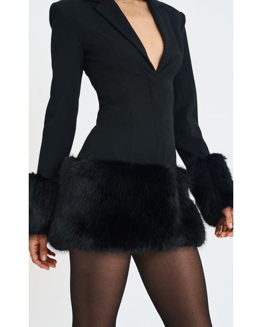 Miss Circle Black Wenona Faux Fur Trimmed V-Neck Mini Blazer Dress