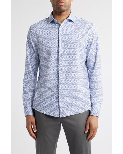 Stone Rose Blue Trim Fit Techno Stretch Medallion Print Performance Button-Up Shirt for men