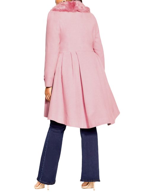 City Chic Pink Grandiose Coat With Faux Fur Collar