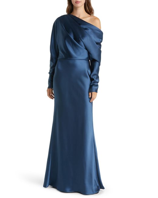 Amsale Blue Pleated One-shoulder Long Sleeve Satin Gown