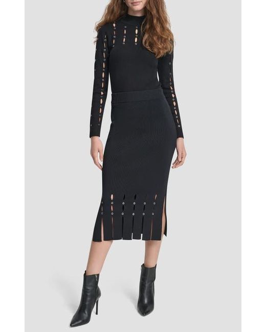 DKNY Black Grommet Trim Fringe Hem Sweater Midi Skirt