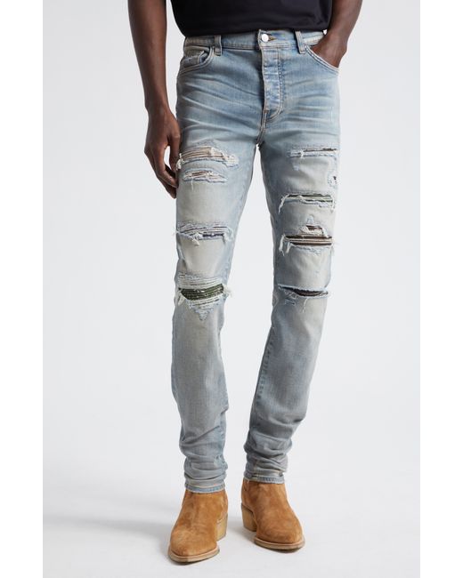 Amiri Blue Thrasher Ripped Camo Patches Skinny Jeans for men