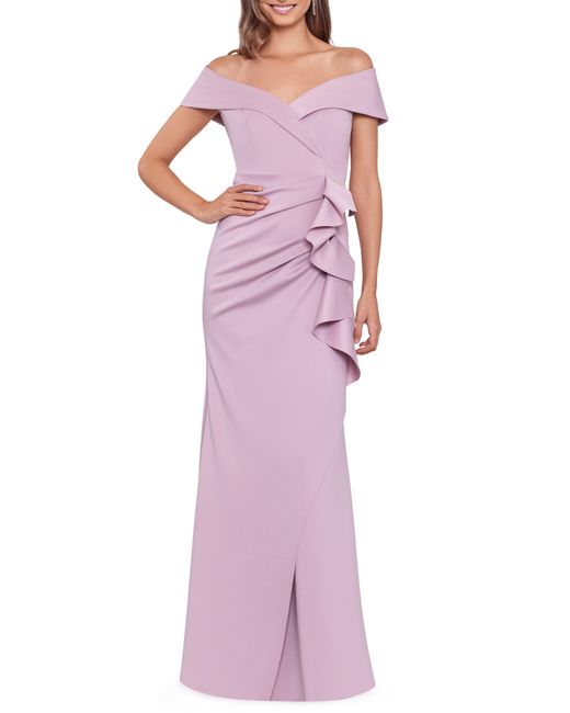 Xscape Purple Off The Shoulder Ruffle Scuba Gown