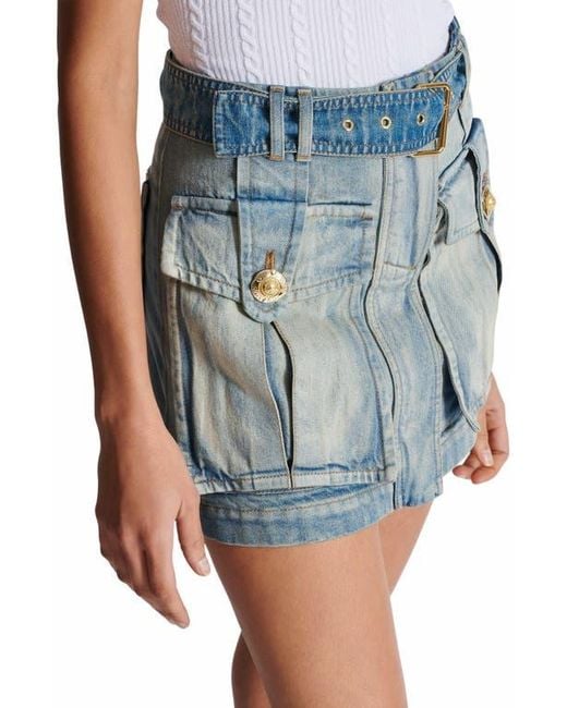 Balmain Blue Denim Skirt With Pockets