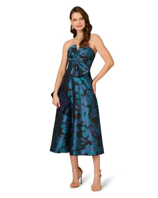 Aidan Mattox by Adrianna Papell Blue Floral Jacquard Strapless Midi Cocktail Dress
