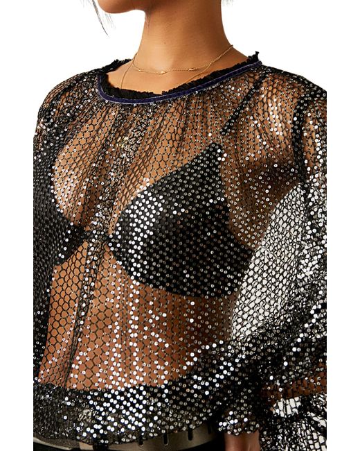 Free People Black Sparks Fly Sheer Sequin Top
