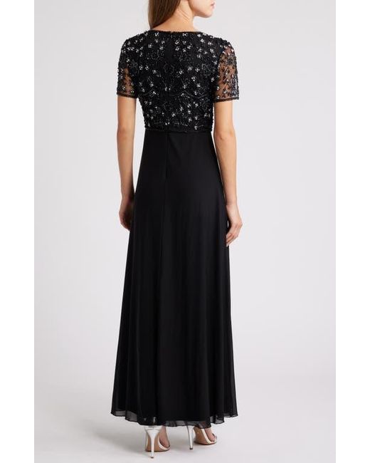 Pisarro Nights Black Beaded Bodice Short Sleeve Gown